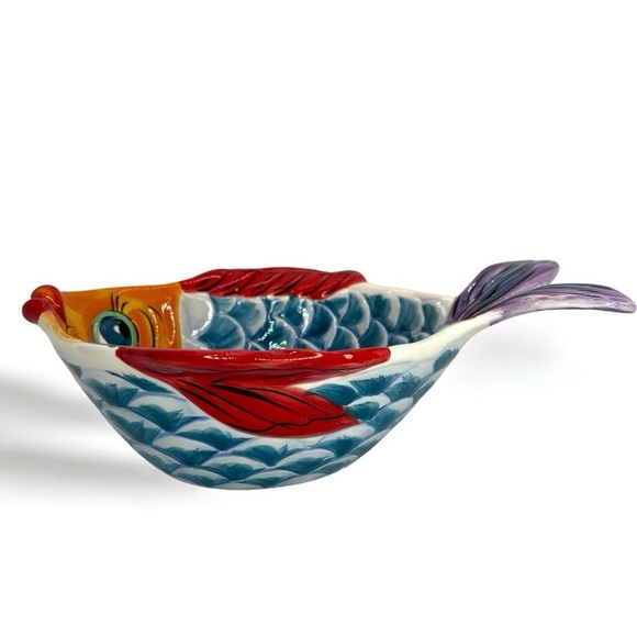 Hand Painted Vissen 3D Fish Ceramic Bowl Dish, Whimsical 10x7.5x3 Retired Design - Picture 2 of 10